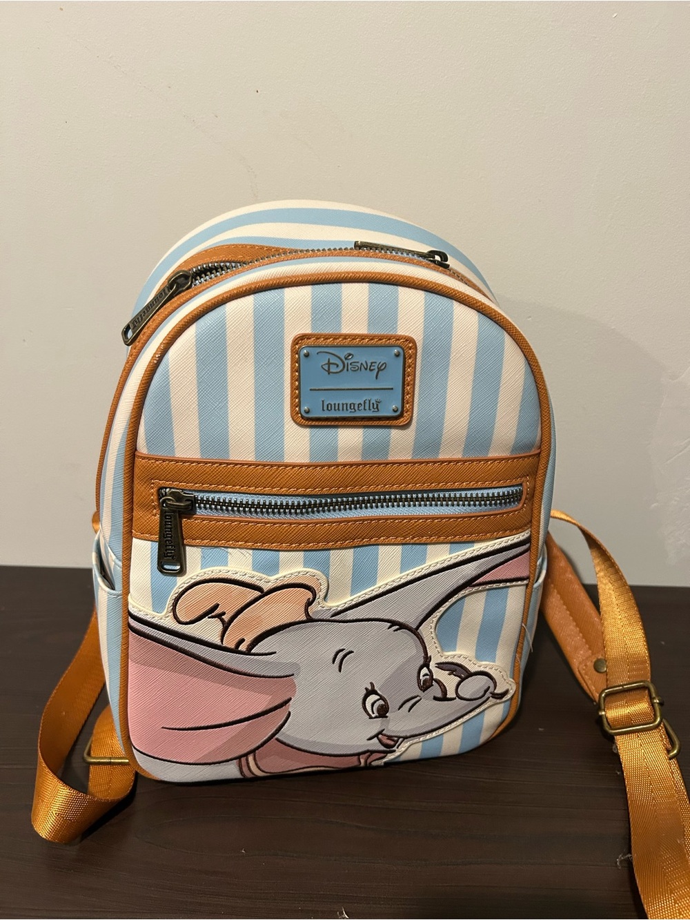 Disney Loungefly Light Blue & White Striped Dumbo Mini Backpack with Tan Trim